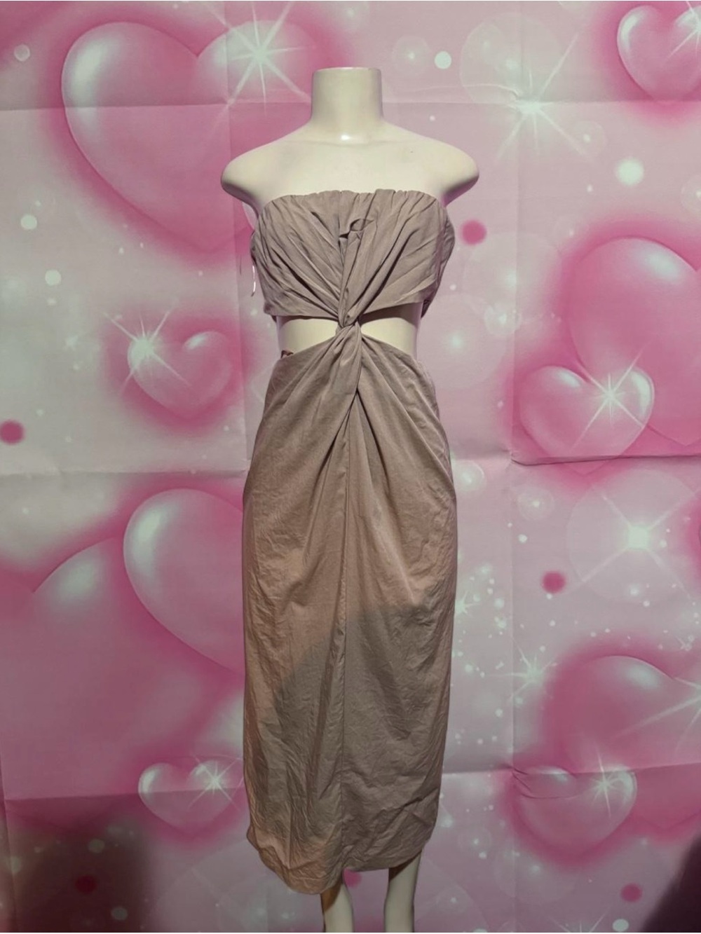 En Saison Strapless Twist-Front Midi Dress in Taupe